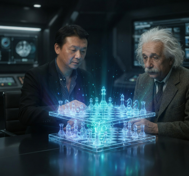Julio Chai jugando ajedrez con Einstein